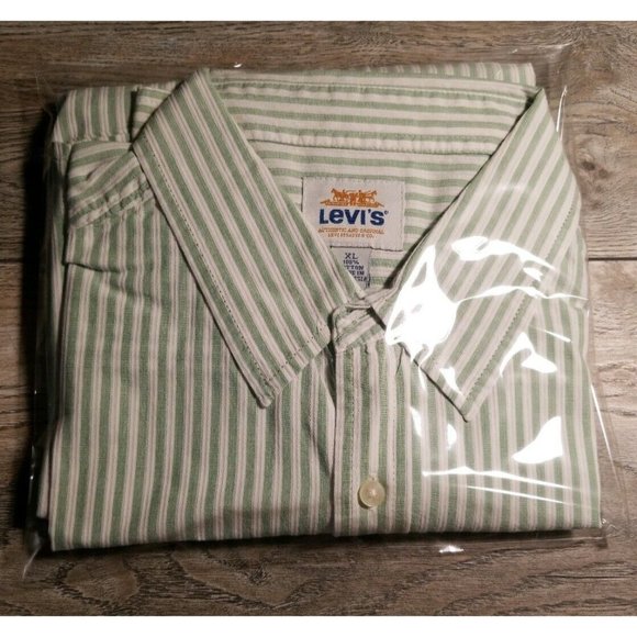 Levis Authentic Original Long Sleeve Casual Cotton Green Striped Shirt Mens XL - Picture 12 of 12